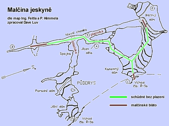 Malčina jeskyně - mapa s vyznačením blátivých míst